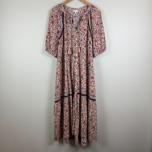 Wonderly Maxi Dress Women L Pink Multi Floral Ruffle Puff Sleeve Cottage Prairie - Picture 1 of 8